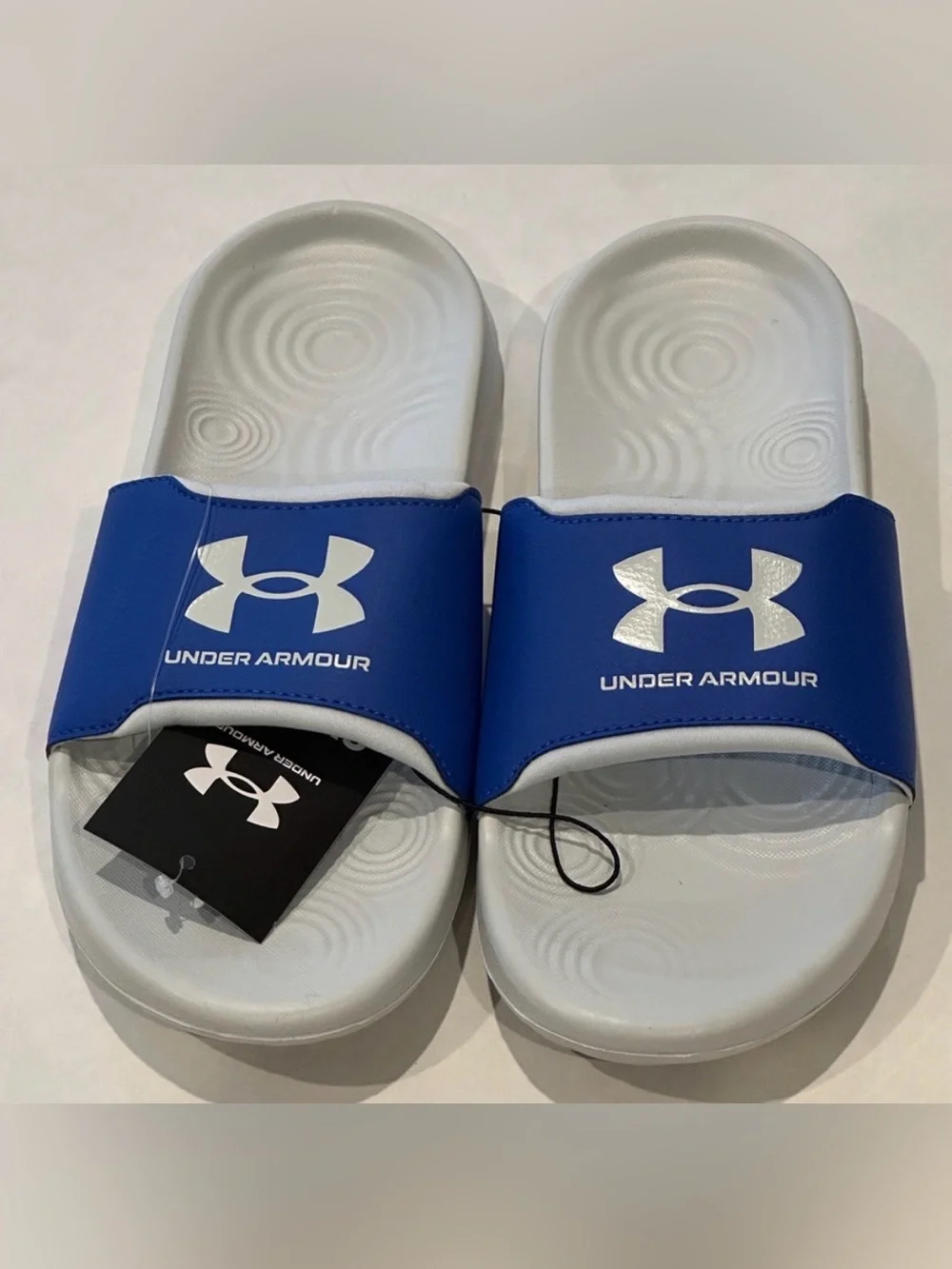 Under Armour Boys Blue White Classic Flip Flop Slides Sizes 12K 6Y 7Y NEW